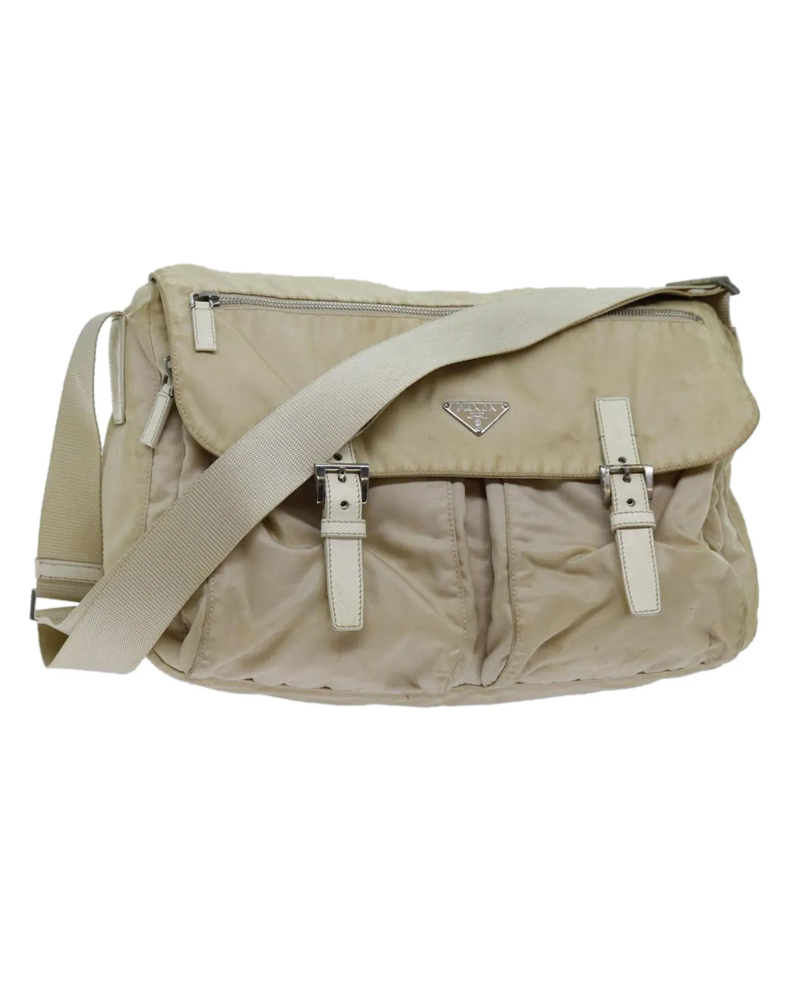 Beige Nylon Shoulder Bag with Adjustable Strap - Italian-made