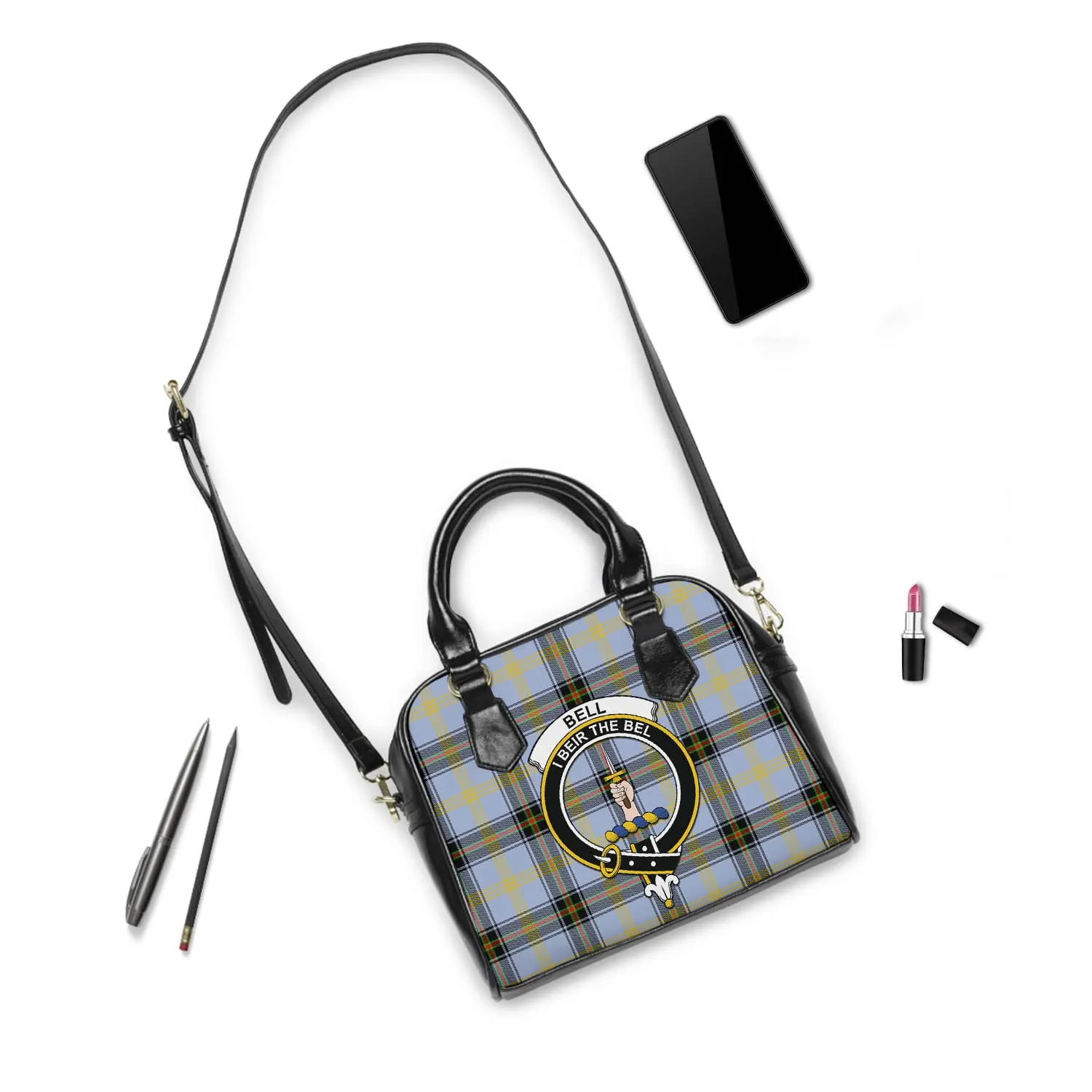 Bell Tartan Shoulder Handbags with Family Crest