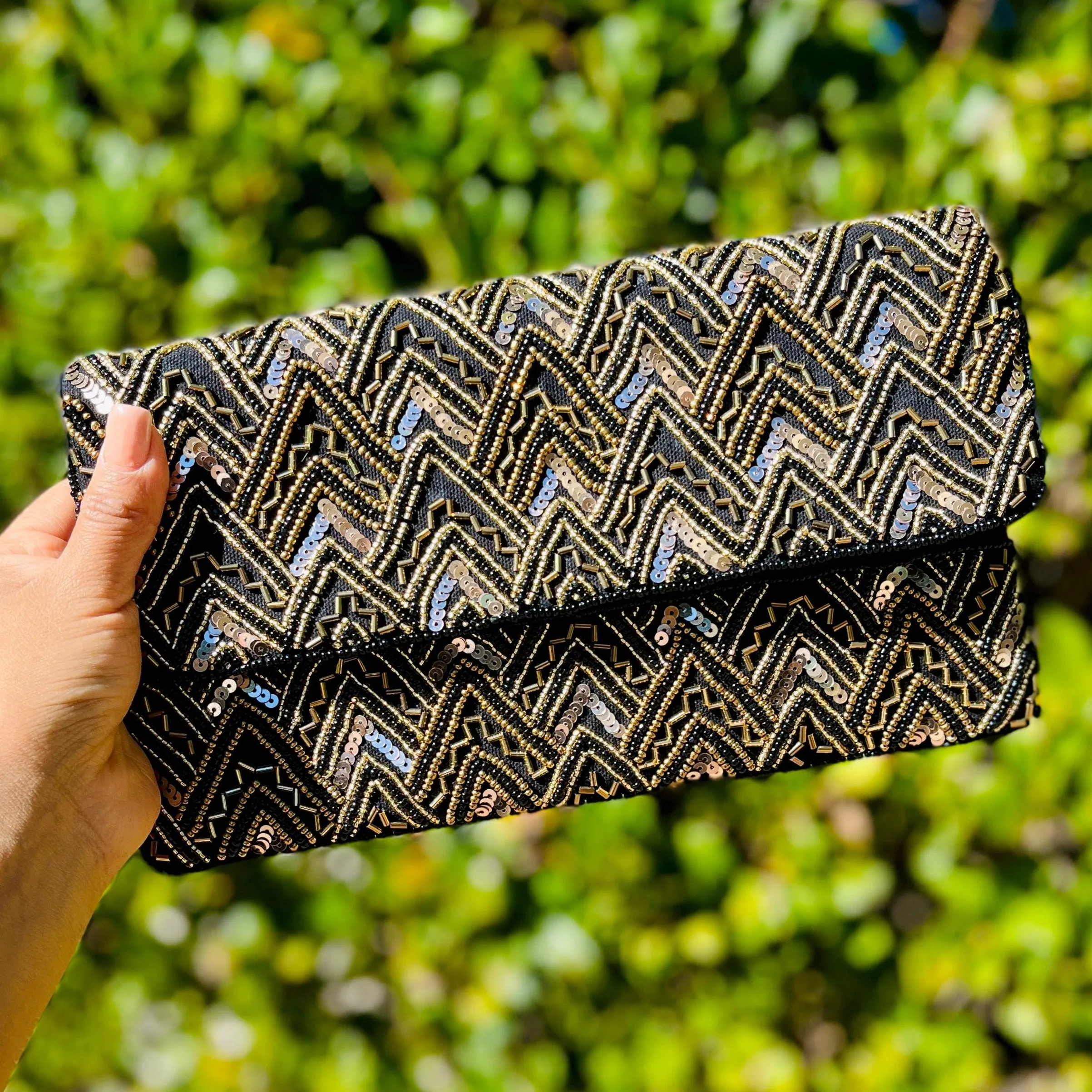 Black Gold Beaded Clutch Purse