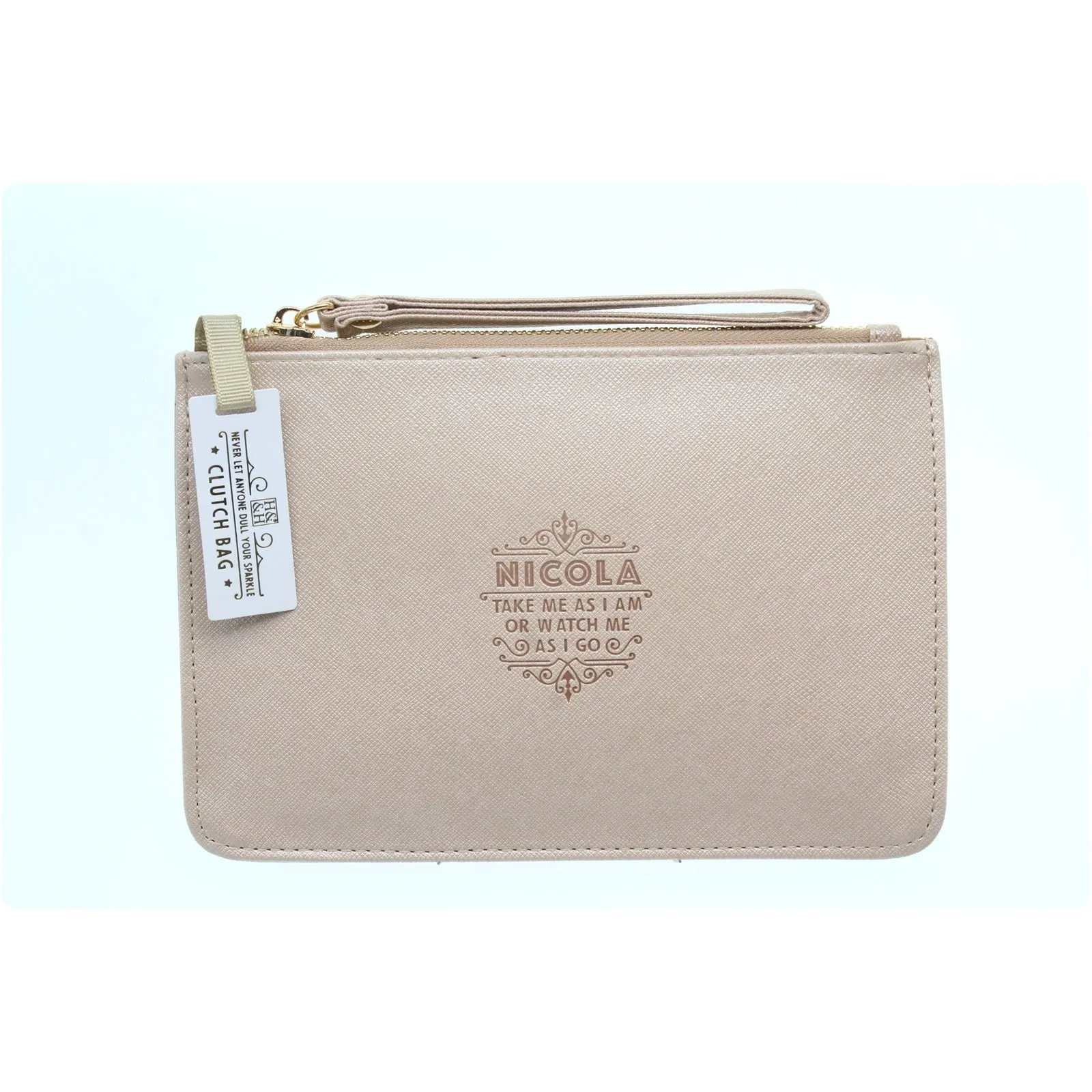 Clutch Bag With Handle & Embossed Text "Nicola"