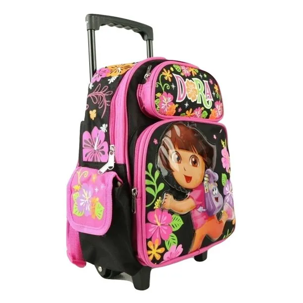 Dora the Explorer Backpack Rolling Small 12 inch Pink Black Flowers