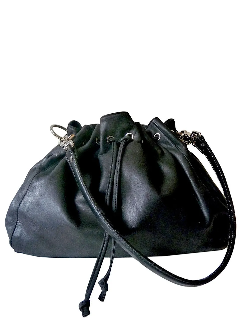 Draw String Hobo Pouch Bag In Black Butter Napa