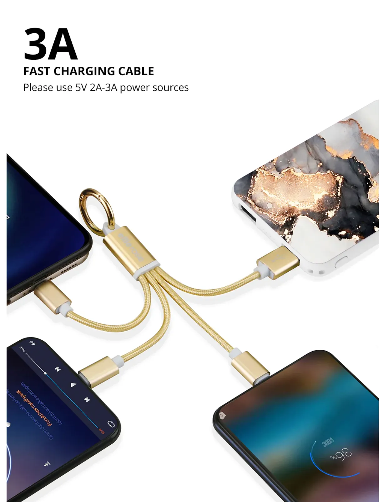 Gold 3-in-1 Charging Cable Keychain