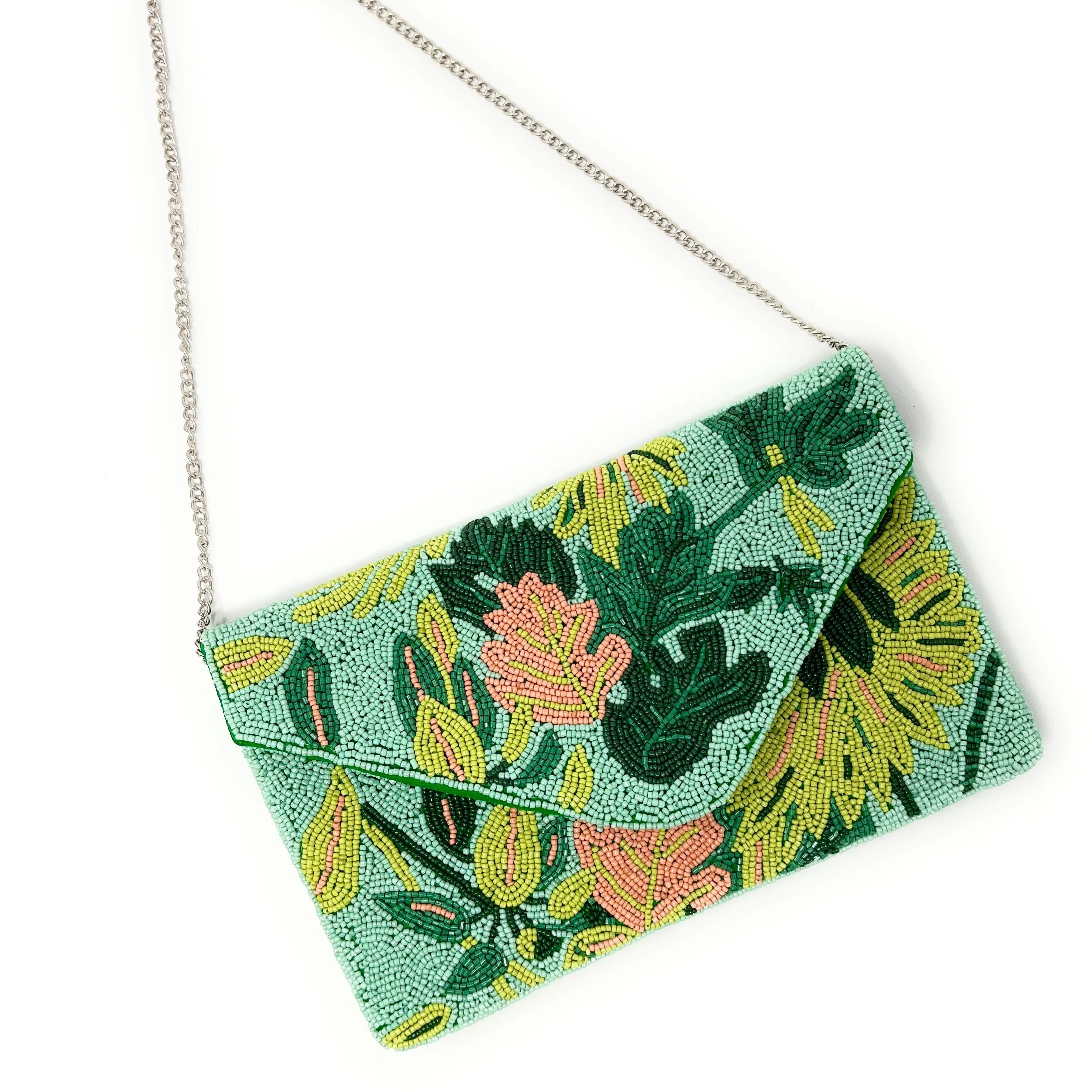 Green Beaded Floral Clutch Purse