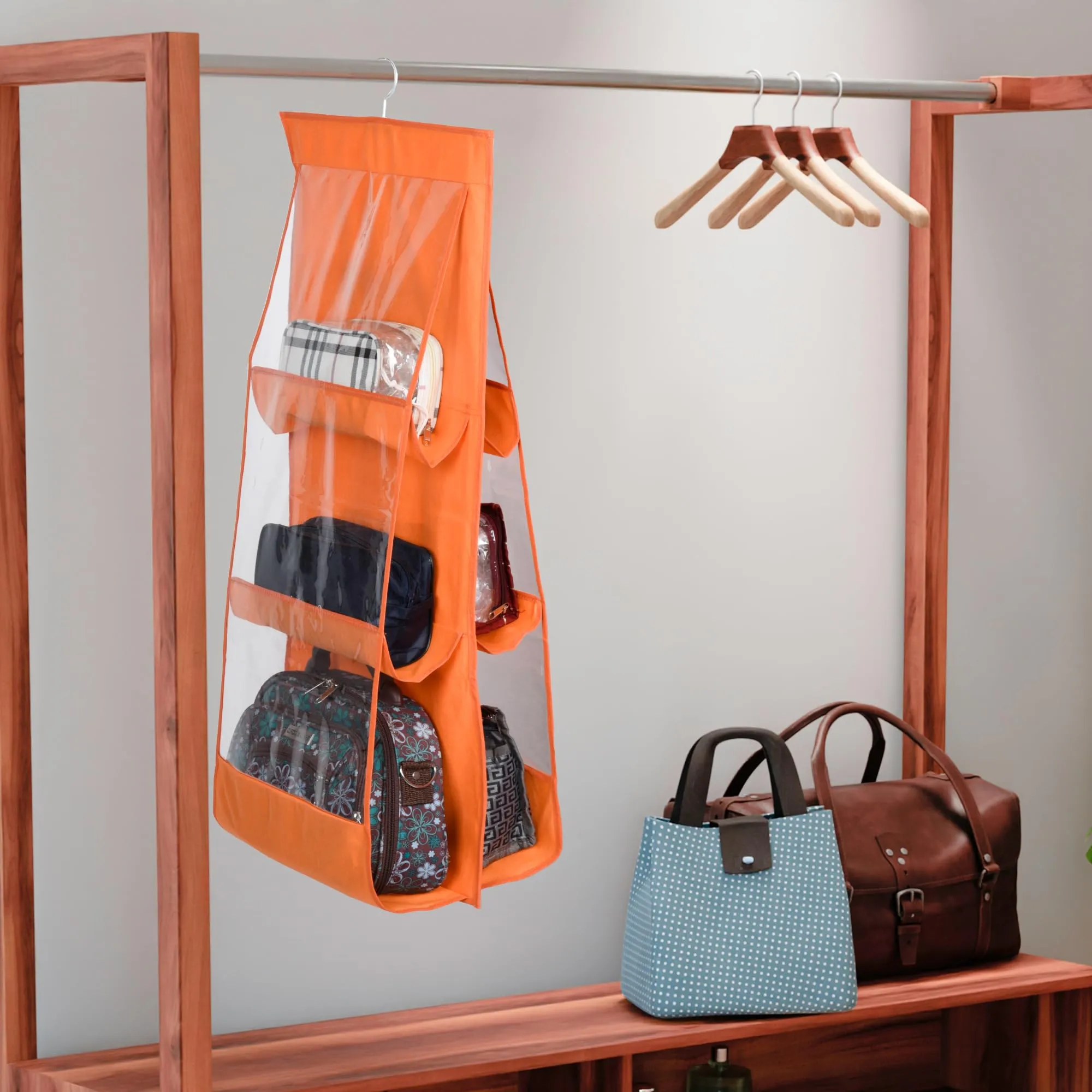 Heart Home Hanging Organizer | Handbag Organizer | Hanging Purse for Wardrobe | Transparent Clutch Organizer | Handbag Storage For Closet | 6 Pocket Storage Hanger | Orange