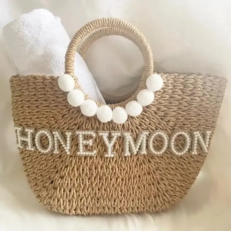 Honeymoon Newlywed Bride Straw Beach Tote Bag