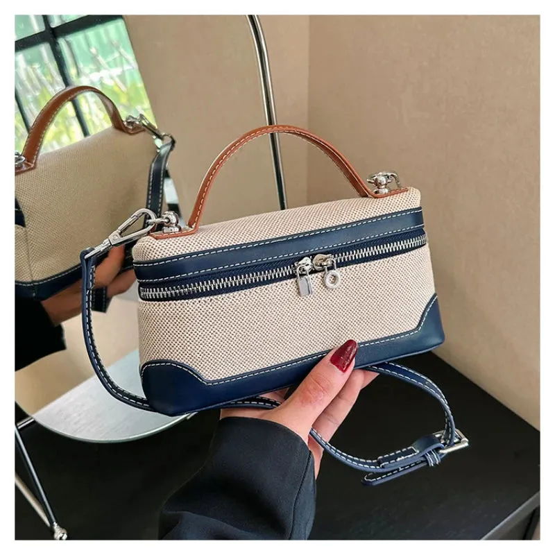 Hot Selling Women's Bag Light Luxury Zipper PU Canvas Spliced Shoulder Bag High Quality Fashion Brand Makeup Bag