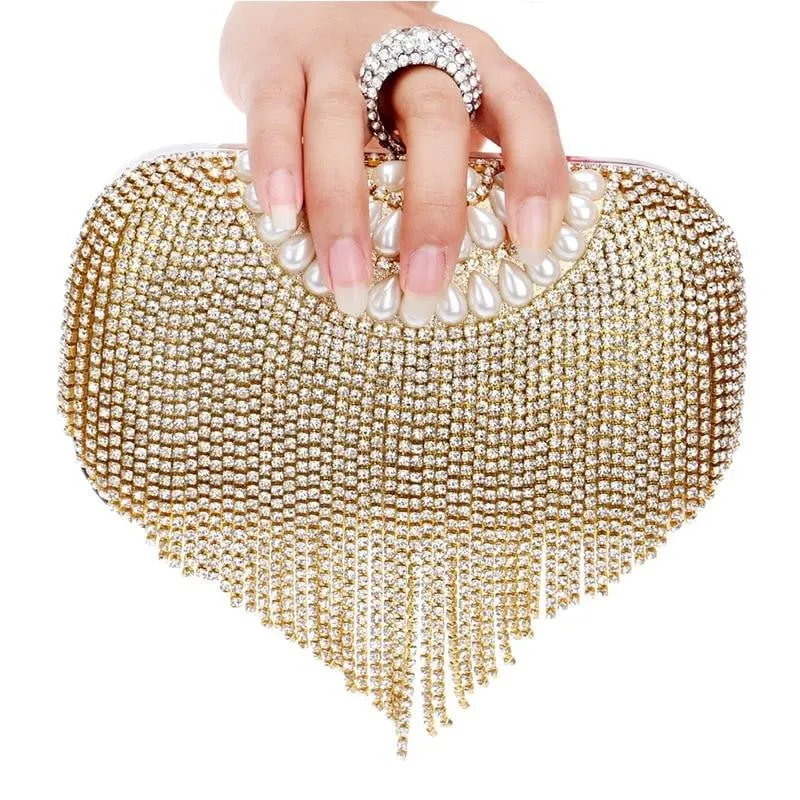 Luxy Moon Tassel Evening Clutches Rings Diamonds Pearl Handbags