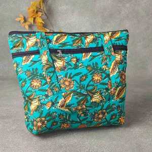 Medium Size Handbag Green Colour with Yellow Leaf Prints.