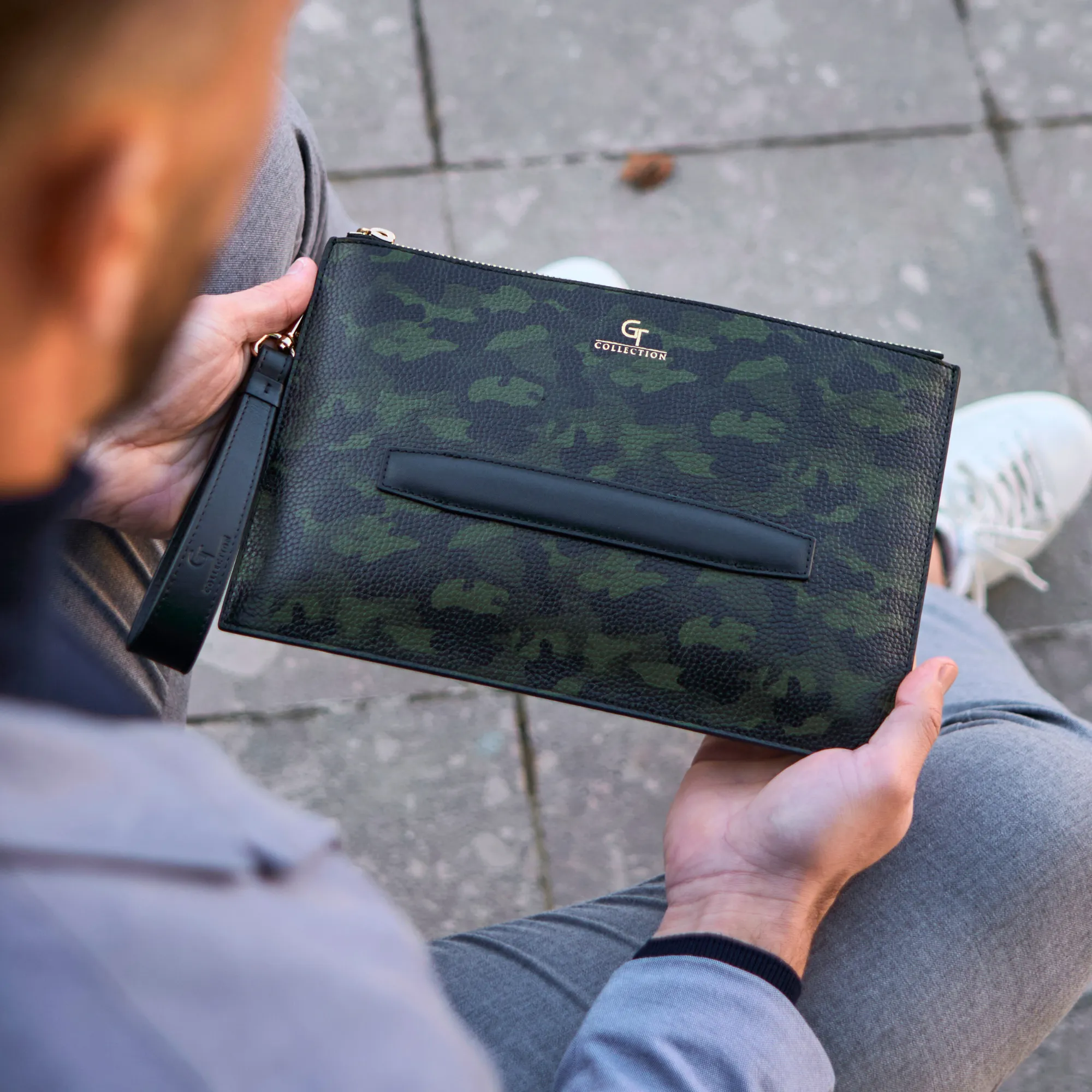 Men's Leather Hand Bag - Green Camouflage with golden details