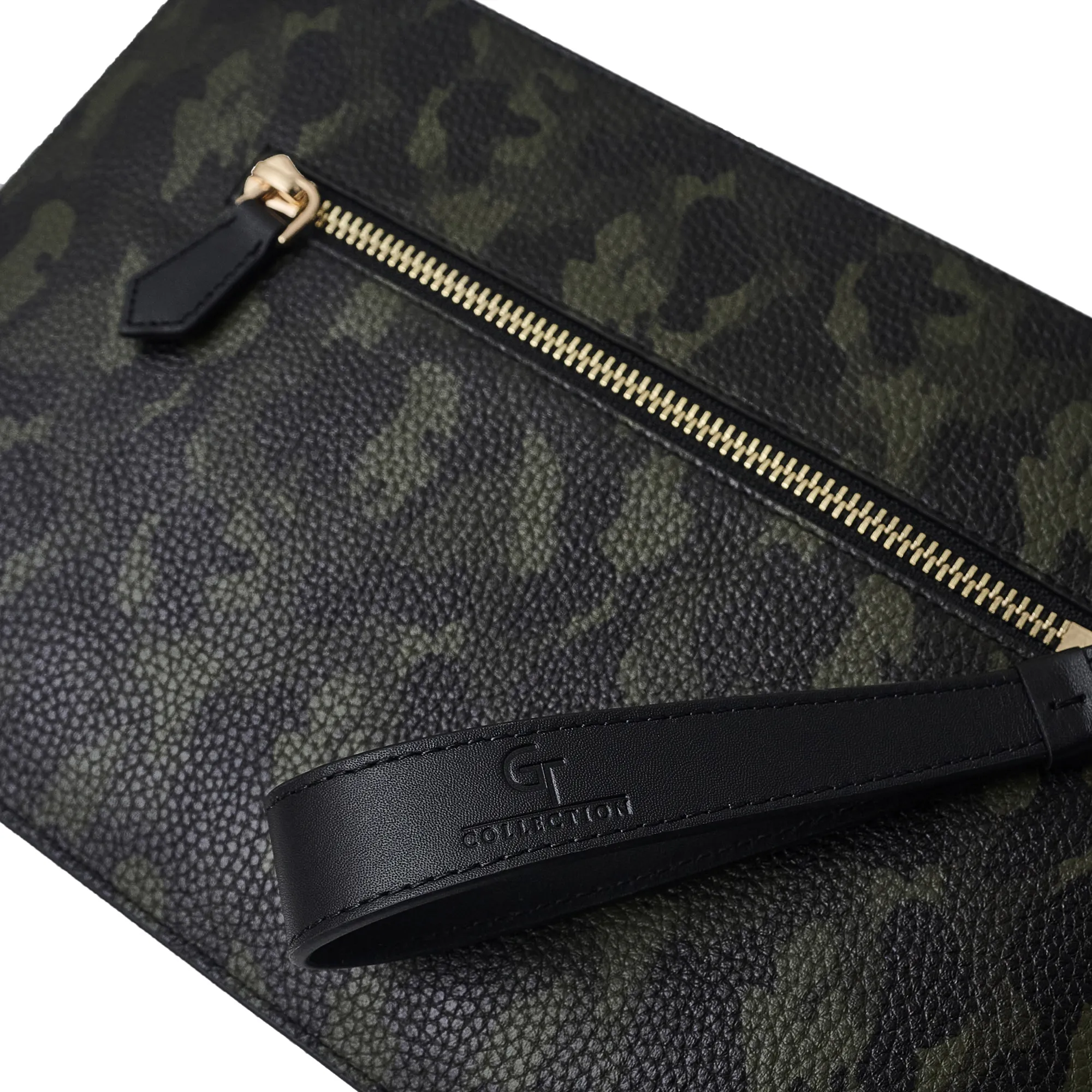 Men's Leather Hand Bag - Green Camouflage with golden details