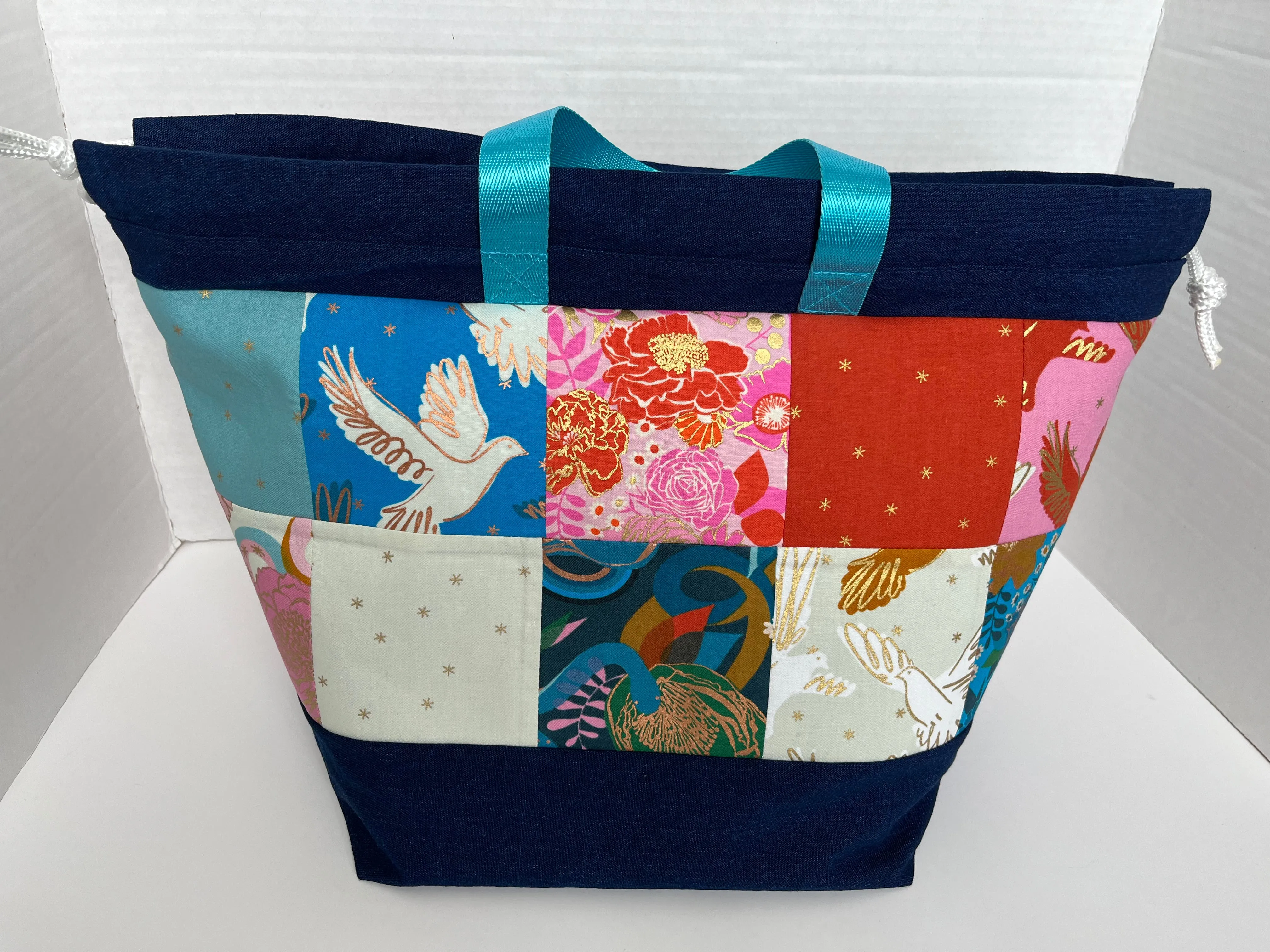 Patchwork and Denim Large Knitting Project Bag