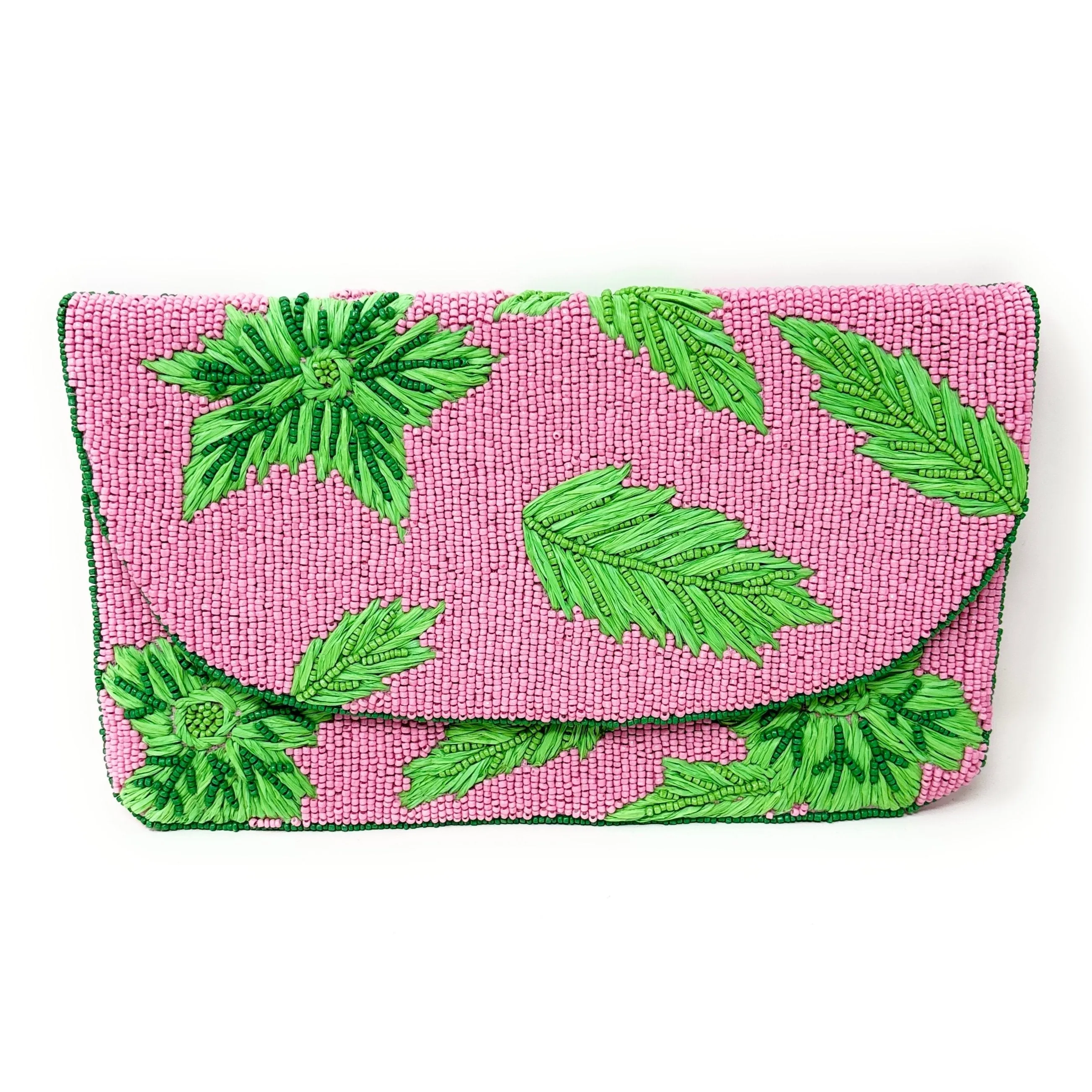 Pink Green Beaded Clutch Purse