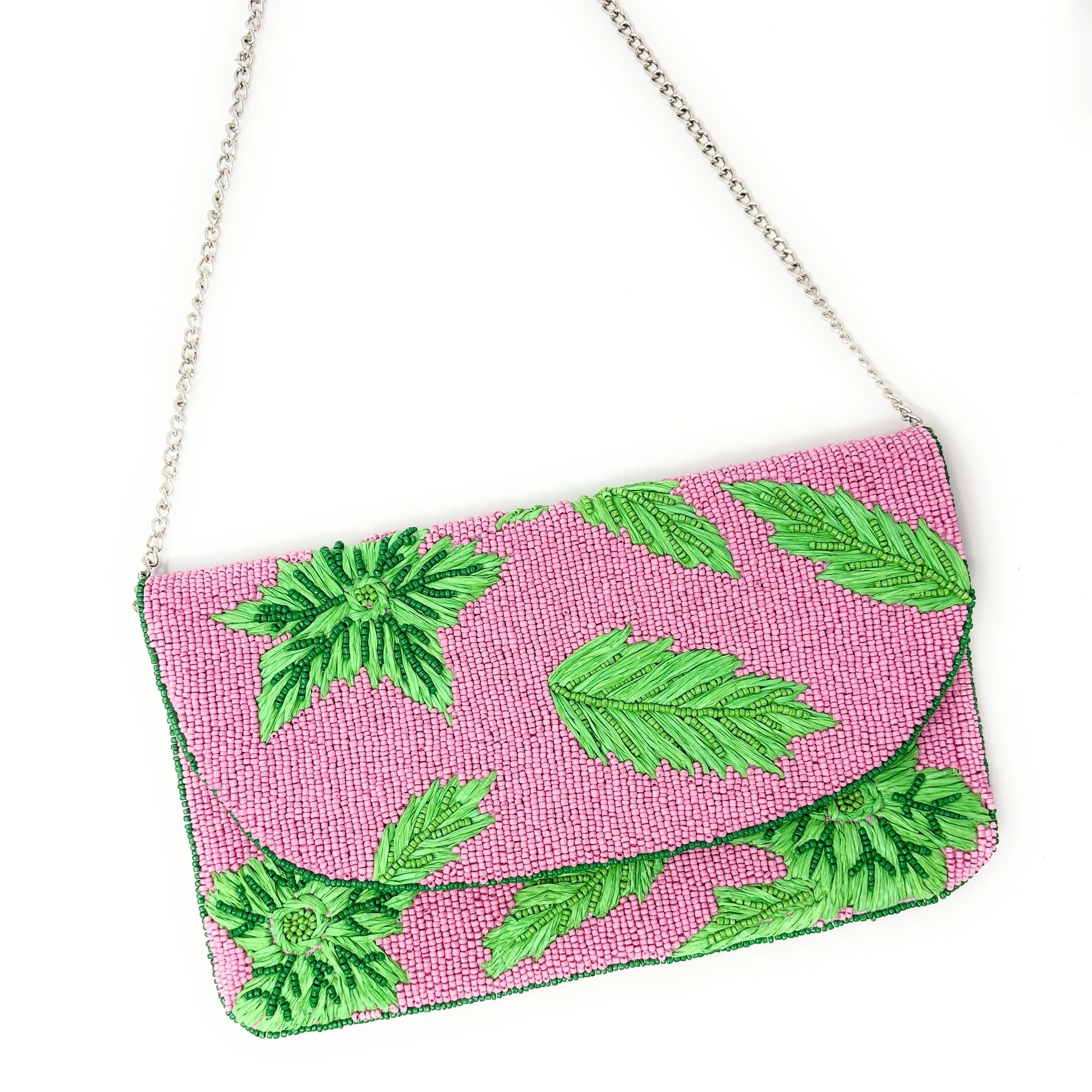 Pink Green Beaded Clutch Purse