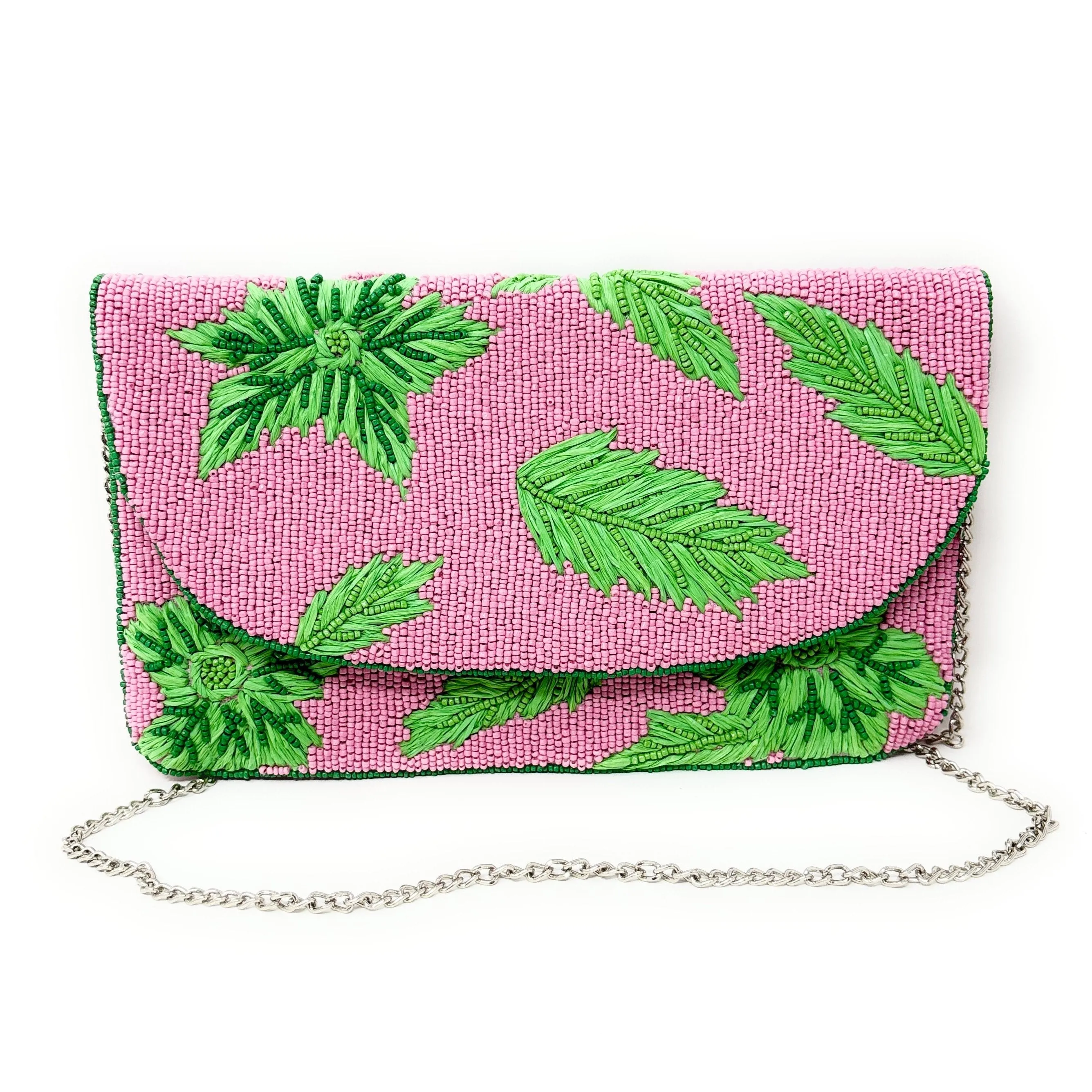 Pink Green Beaded Clutch Purse