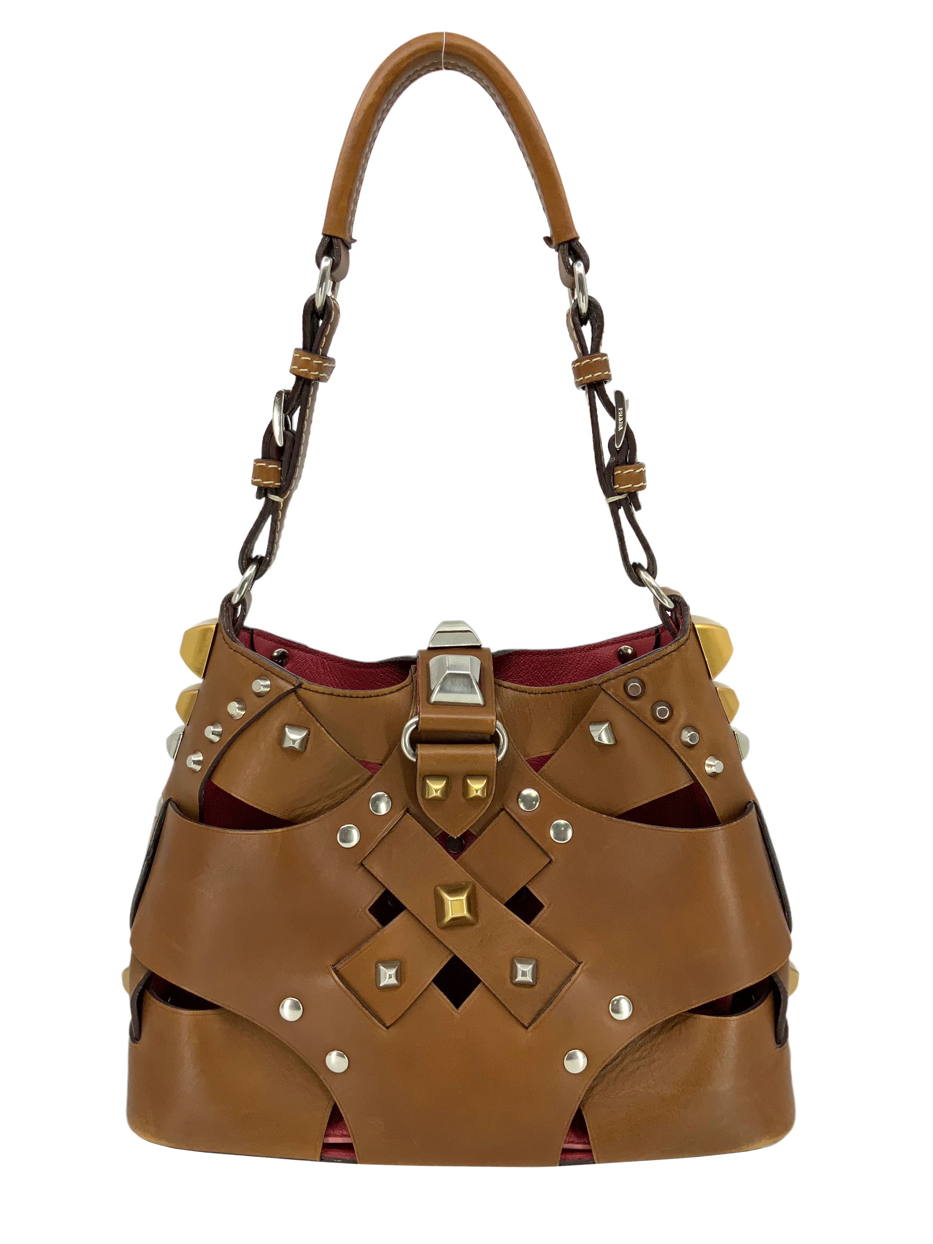 PRADA Leather Woven Studded Lattice Shoulder Bag