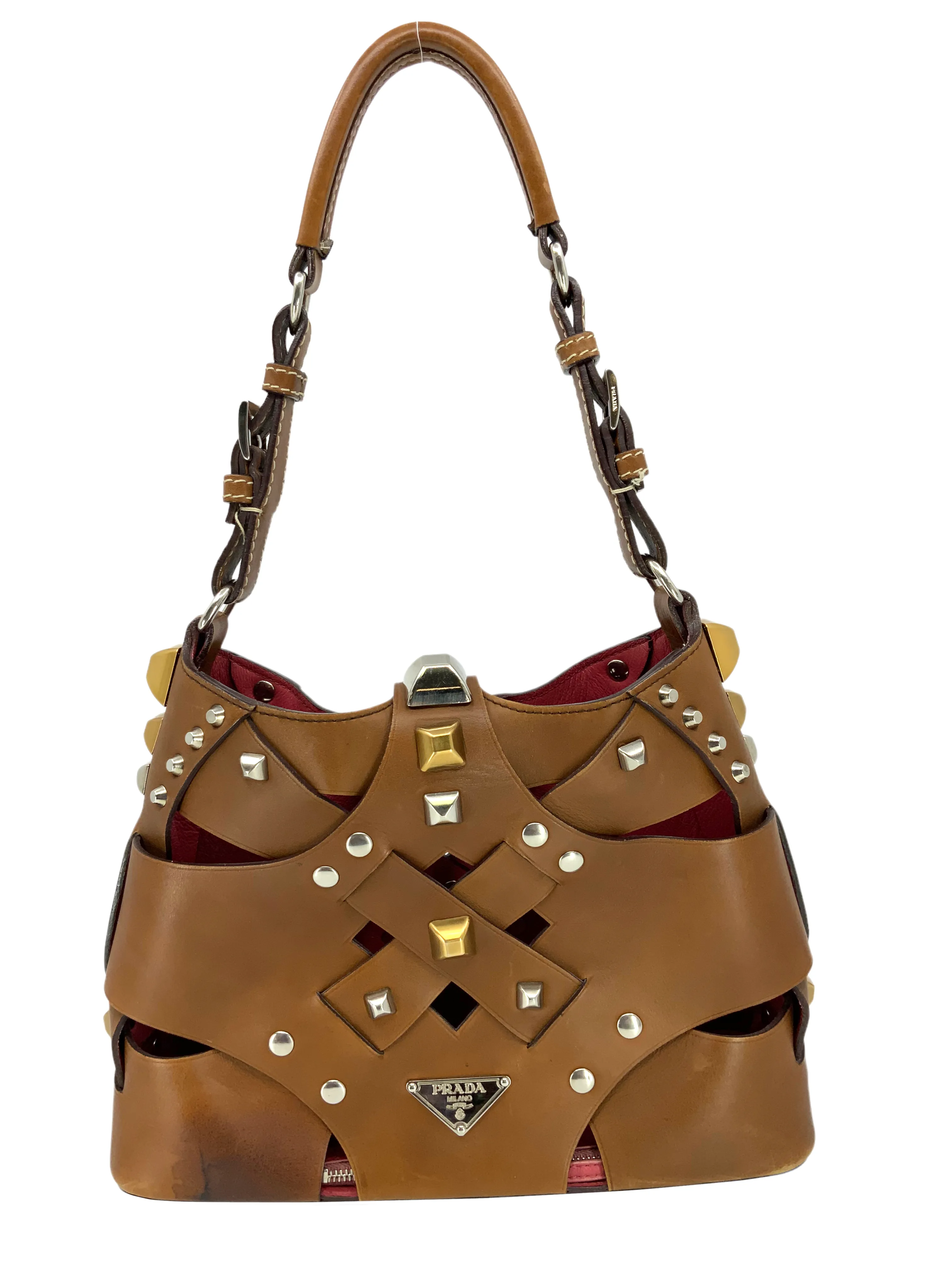 PRADA Leather Woven Studded Lattice Shoulder Bag