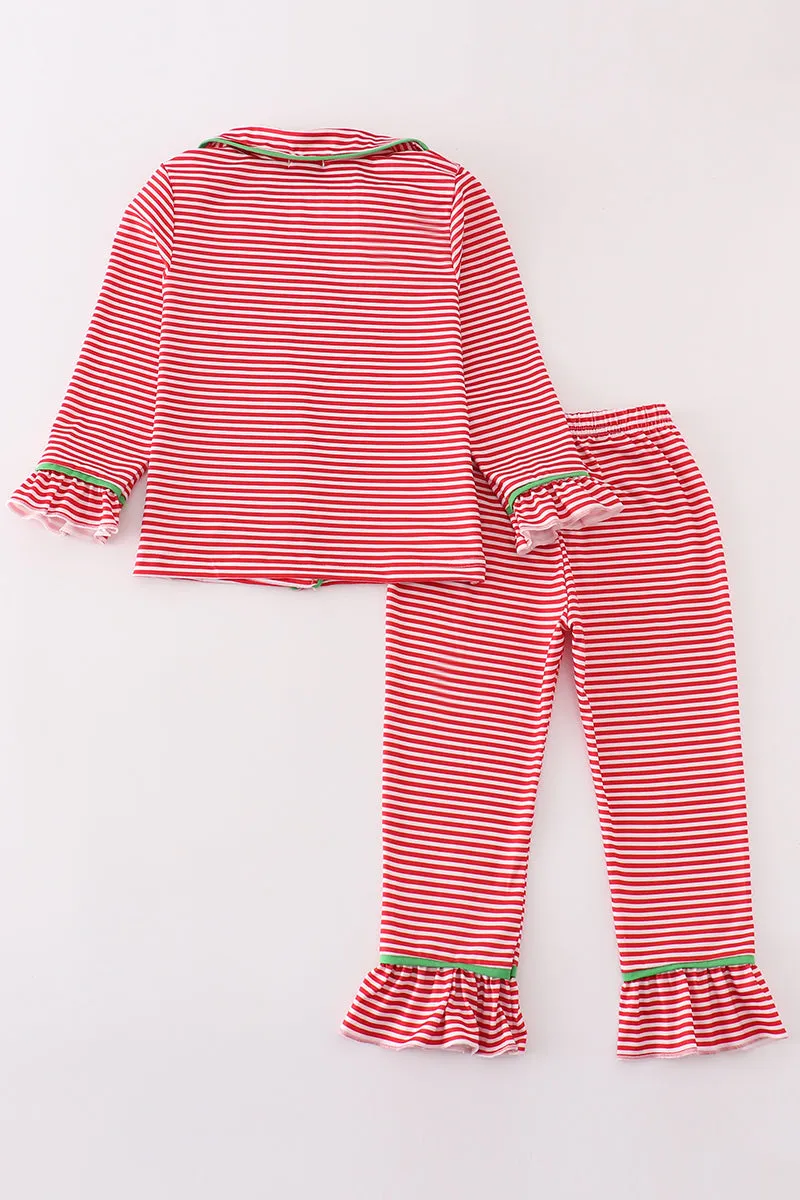 Red stripe christmas tree ruffle girl pajamas set