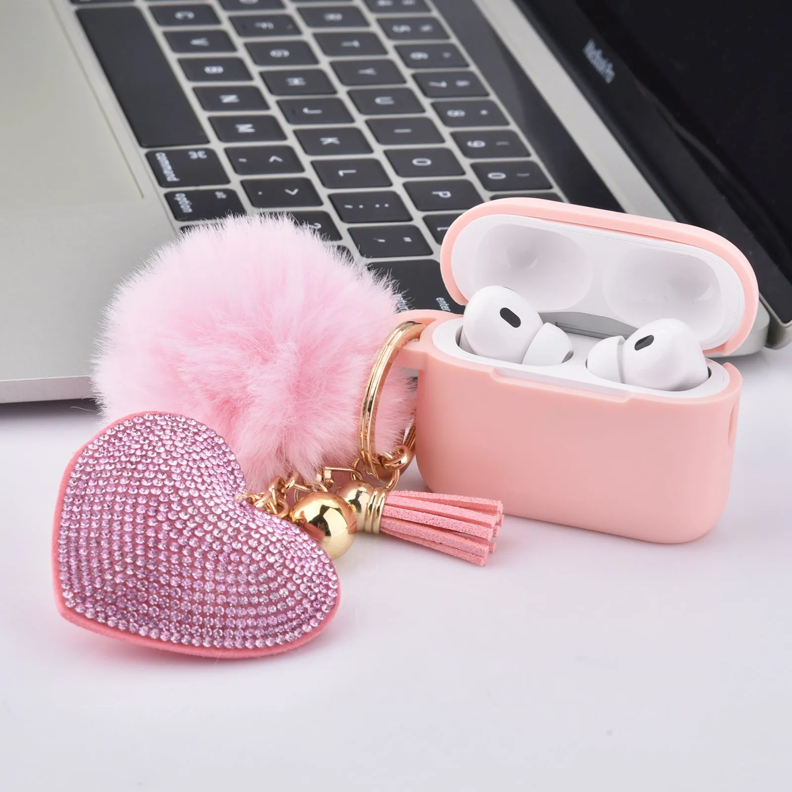 Silicone Case for AirPods Pro 2 with Bling Heart & Fur Pom Pom Keychain