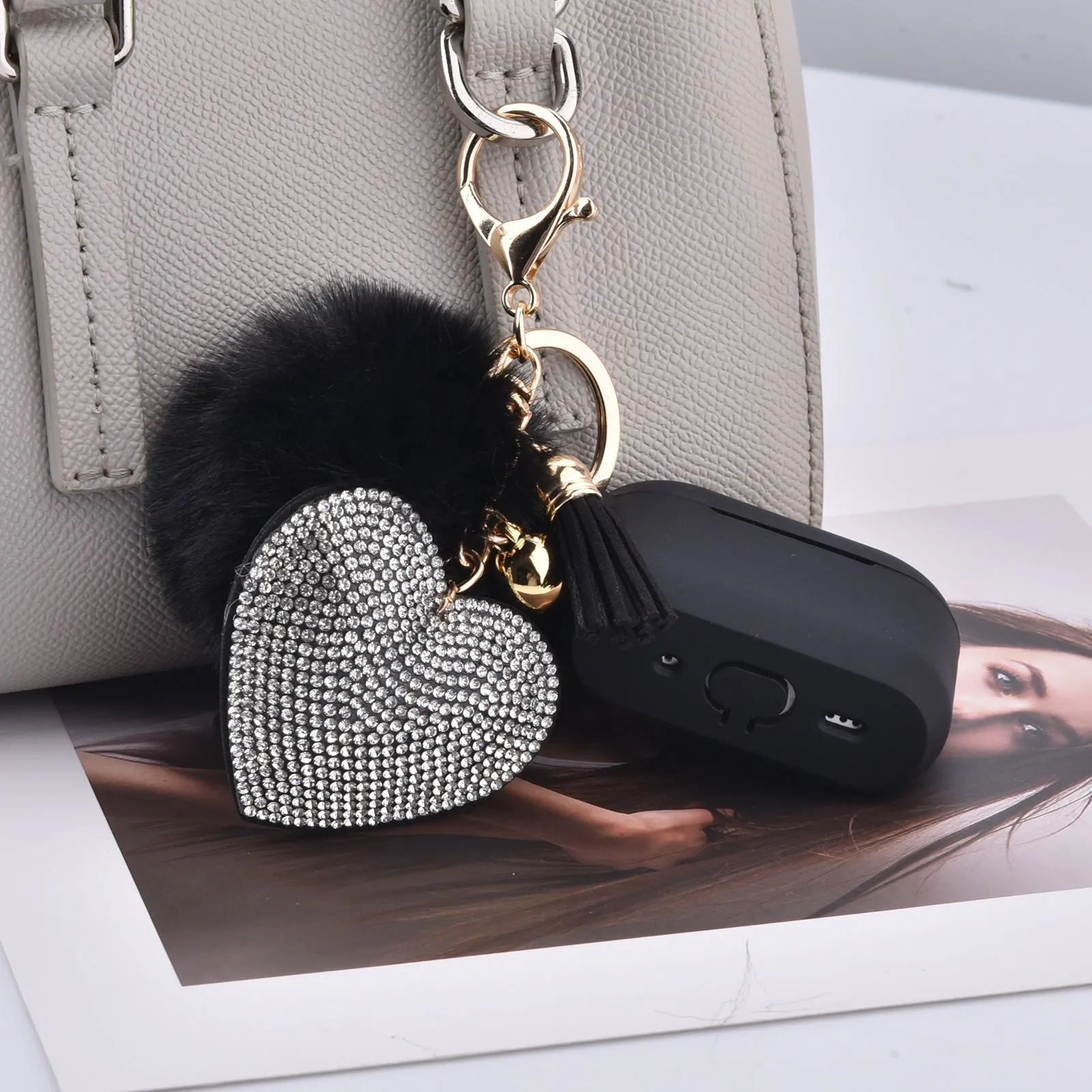 Silicone Case for AirPods Pro 2 with Bling Heart & Fur Pom Pom Keychain