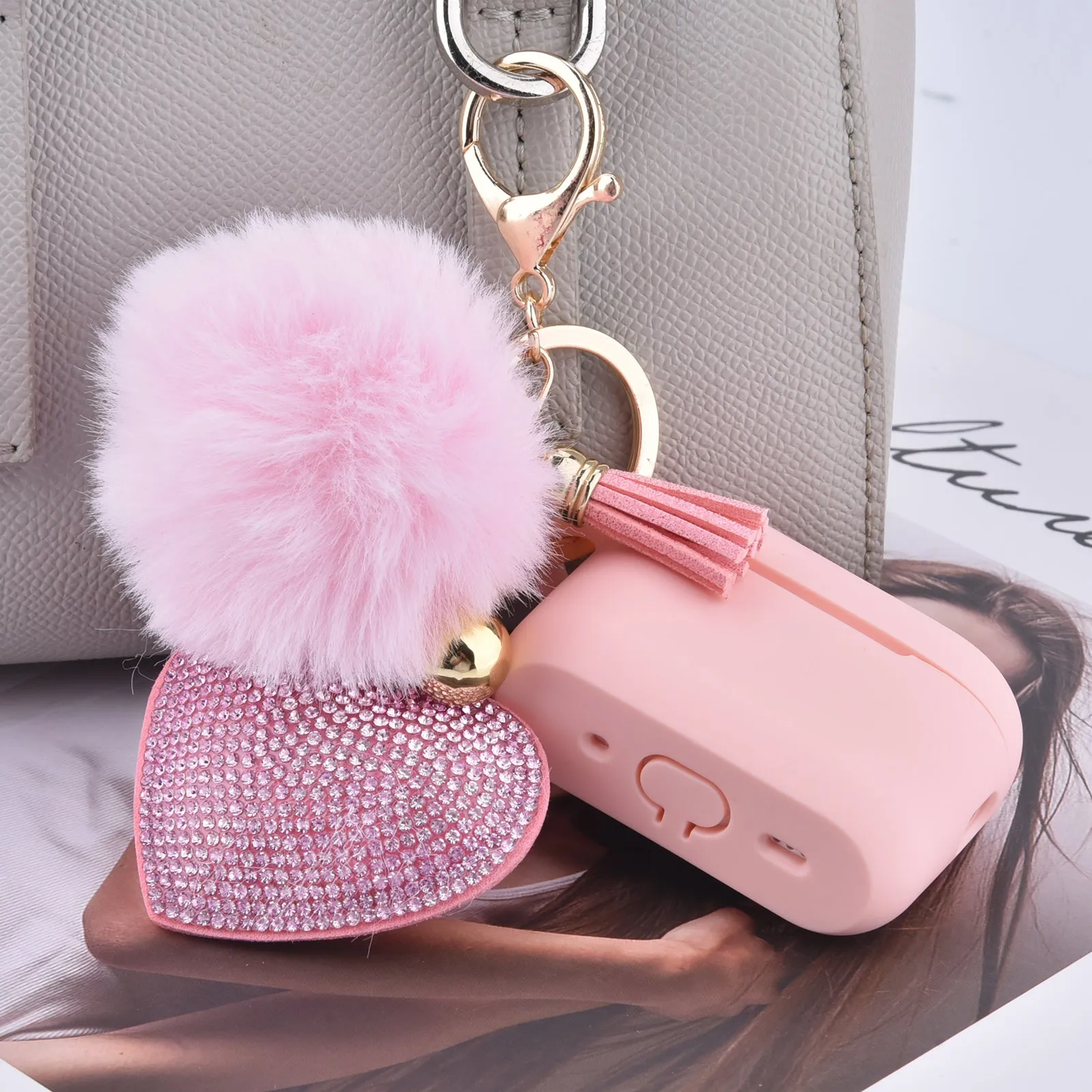 Silicone Case for AirPods Pro 2 with Bling Heart & Fur Pom Pom Keychain