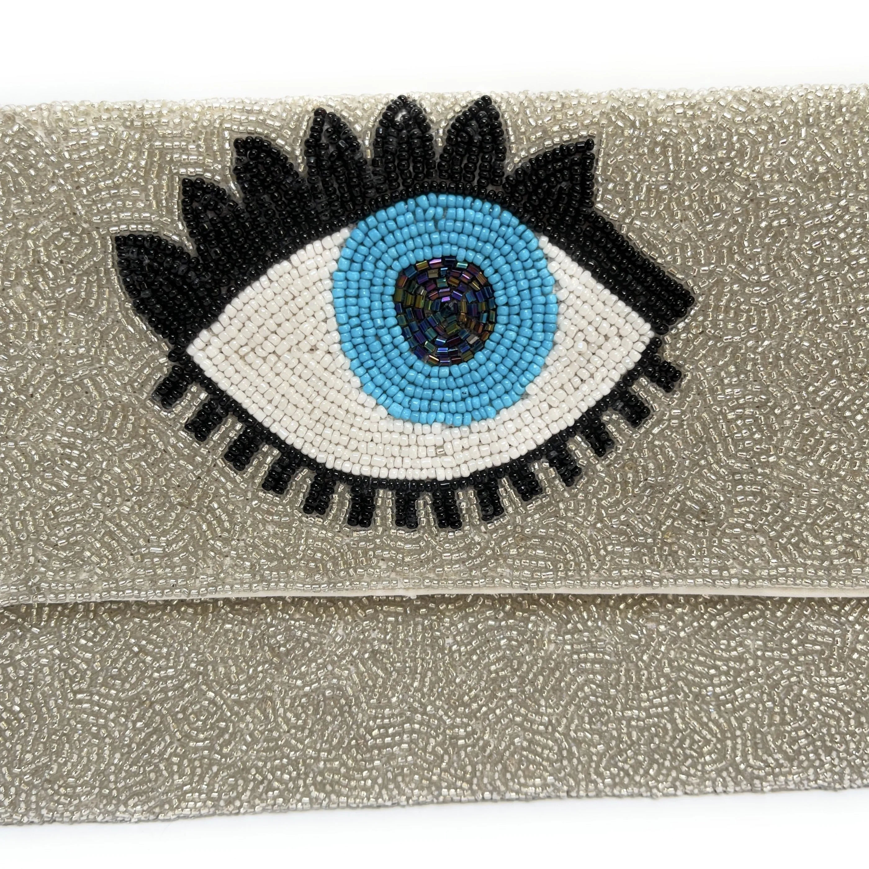 Silver Evil Eye Beaded Clutch Purse