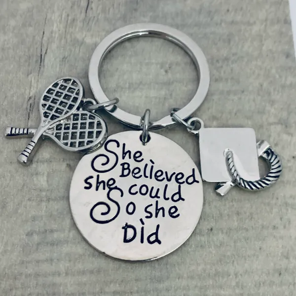 Sports Graduation Keychain - She Believed She Could - Pick Activity