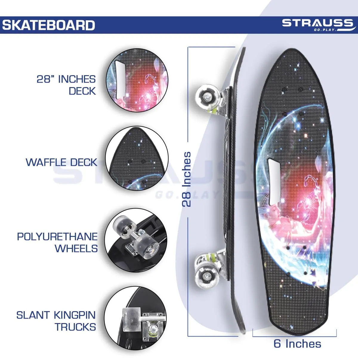 STRAUSS Plastic Cruiser Fishboard|Penny Skateboard|Casterboard|Anti-Skid Board with ABEC-7 High Precision Bearings|Pu Wheel with Light|Ideal for 8 Years and Above (28x6 Inch),(Scorpio Black)