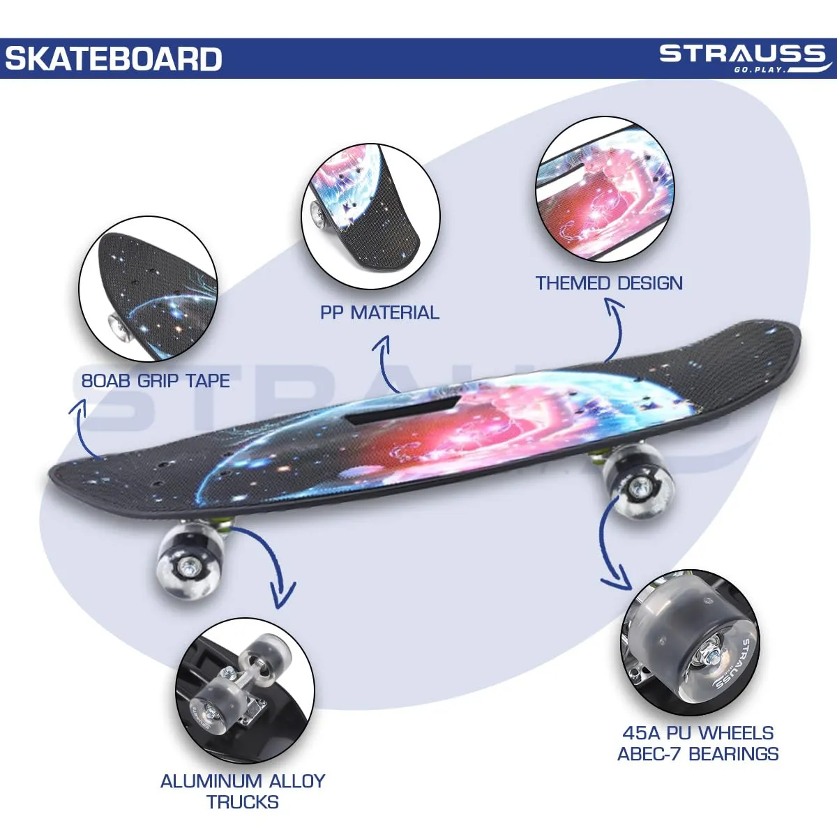 STRAUSS Plastic Cruiser Fishboard|Penny Skateboard|Casterboard|Anti-Skid Board with ABEC-7 High Precision Bearings|Pu Wheel with Light|Ideal for 8 Years and Above (28x6 Inch),(Scorpio Black)