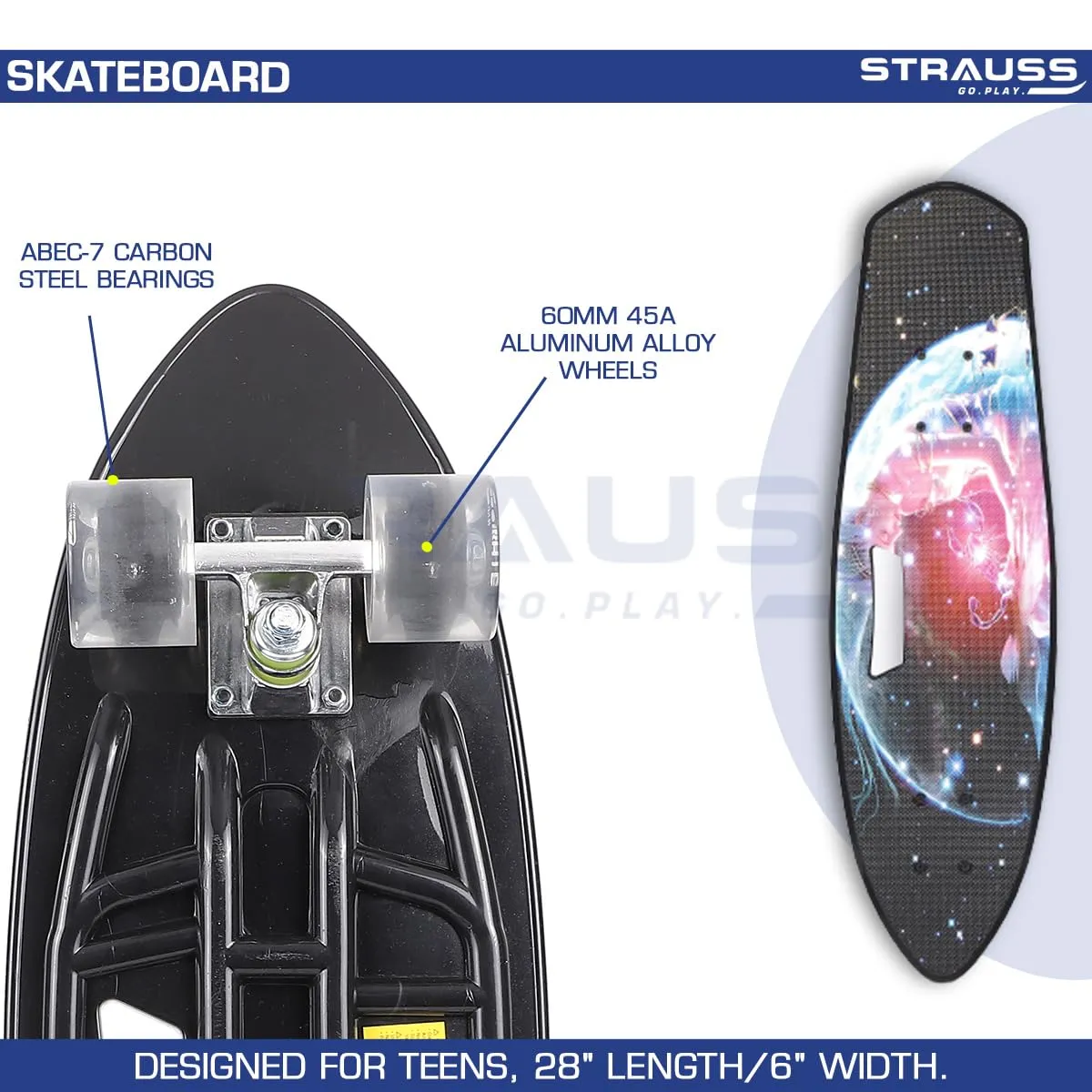 STRAUSS Plastic Cruiser Fishboard|Penny Skateboard|Casterboard|Anti-Skid Board with ABEC-7 High Precision Bearings|Pu Wheel with Light|Ideal for 8 Years and Above (28x6 Inch),(Scorpio Black)