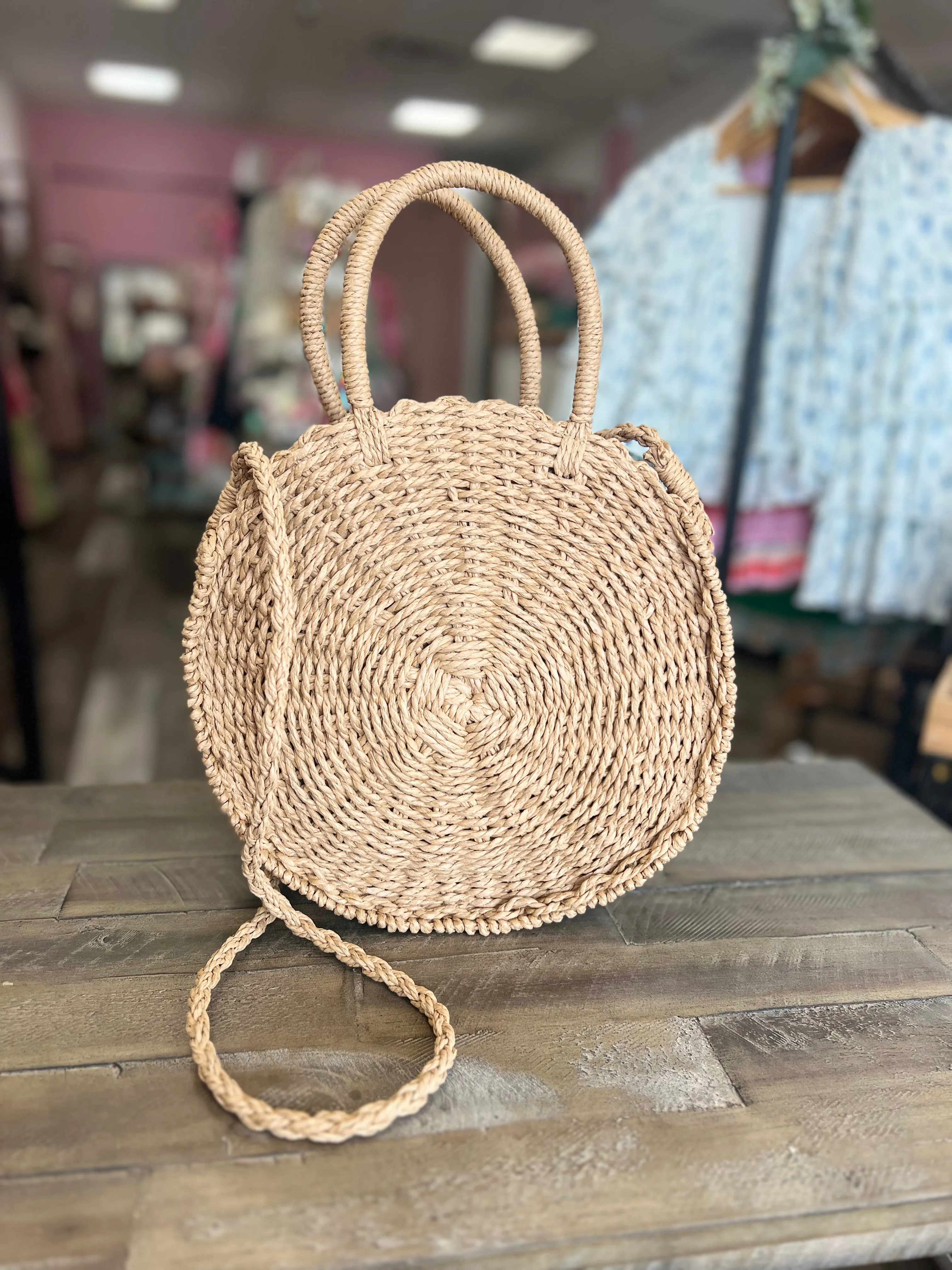 Structured Straw Shoulder Top Handle Bag