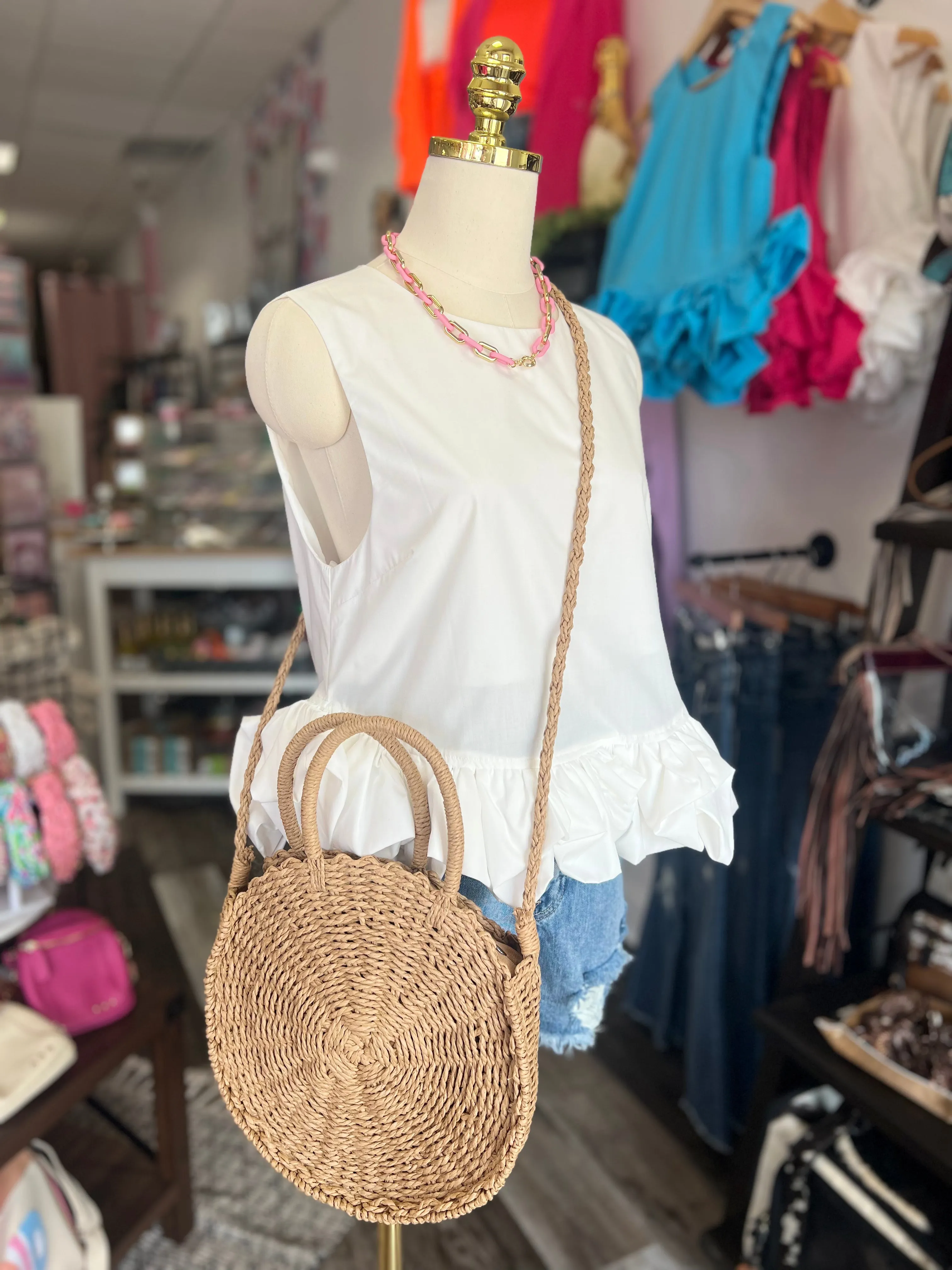 Structured Straw Shoulder Top Handle Bag