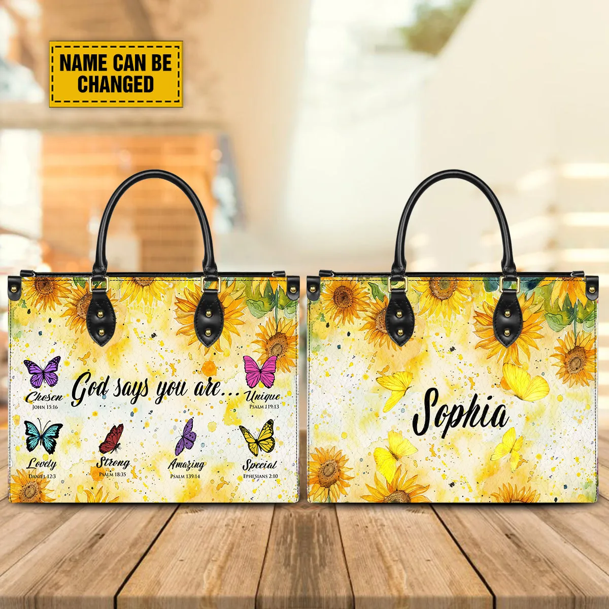 Teesdily | Customized God Says You Are Leather Bag, Jesus Sunflower Butterflies Handbag For Women, Bible Verse Religious Bag, Gift For Jesus Lovers