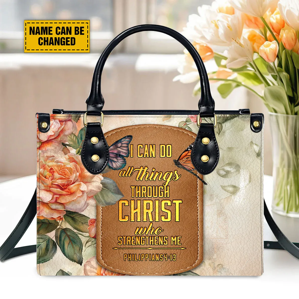 Teesdily | Personalized I Can Do All Things Through Christ Bag, Butterfly Rose Jesus Leather Bag, Bible Verse Floral Leather Handbag, Christmas Gift