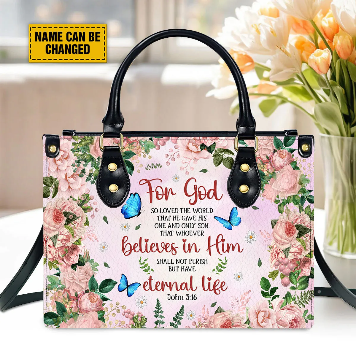 Teesdily | Personalized Jesus Blue Butterfly Floral Bag, For God Believes In Him Leather Bag, Flower Butterfly Leather Bag For Mom, Christmas Gifts