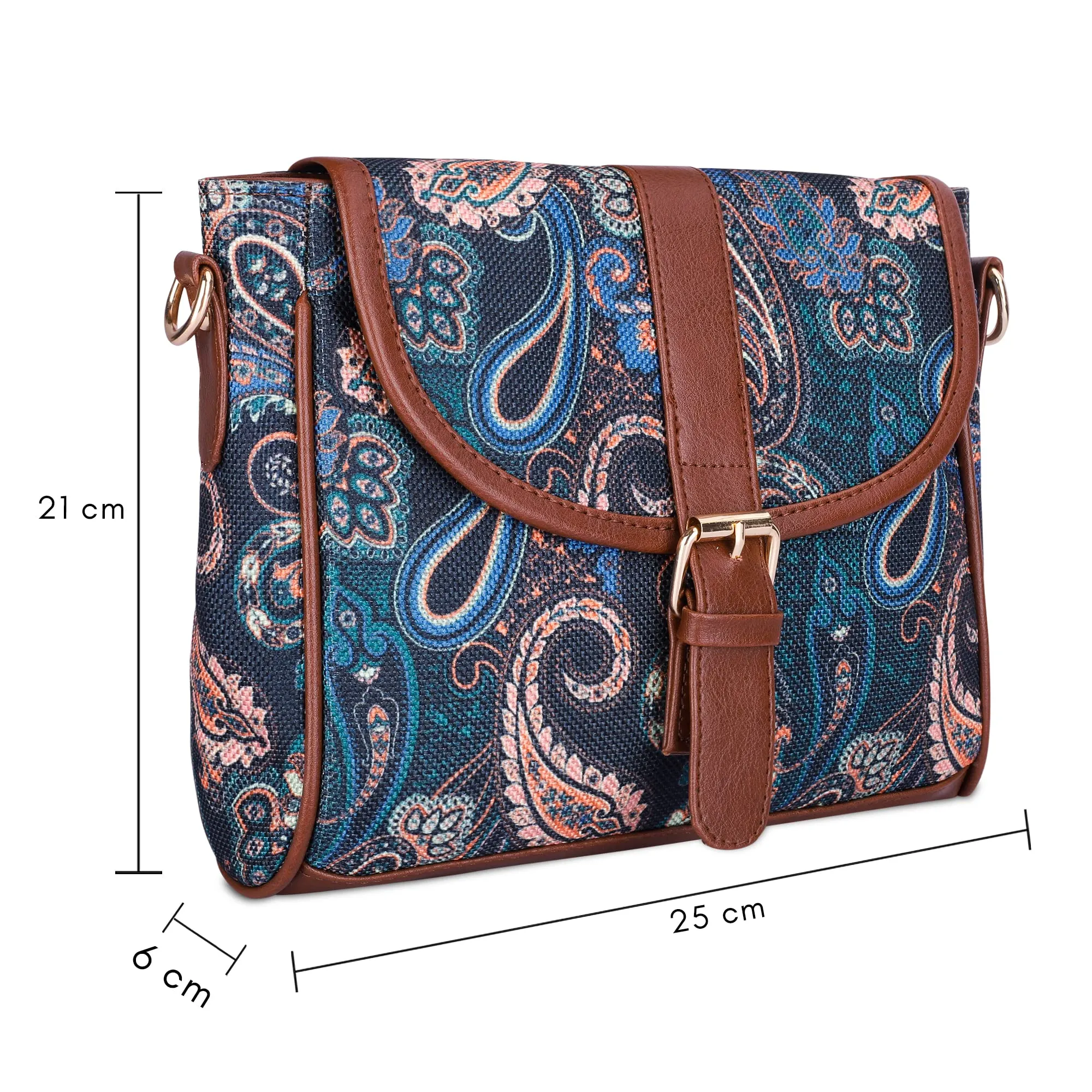 THE CLOWNFISH Madeline Printed Handicraft Fabric Handbag for Women Sling Bag Office Bag Ladies Shoulder Bag with Snap Flap Closure Tote For Women College Girls (Sapphire Blue-Paisley Print)