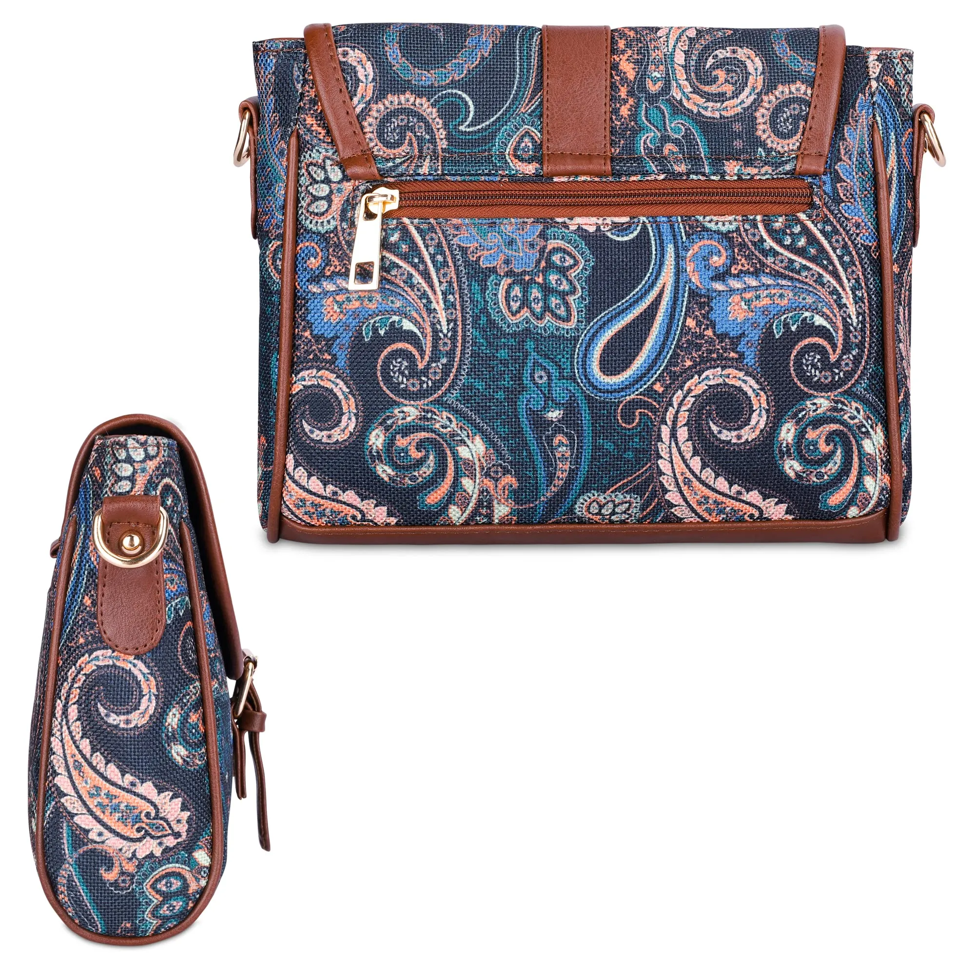 THE CLOWNFISH Madeline Printed Handicraft Fabric Handbag for Women Sling Bag Office Bag Ladies Shoulder Bag with Snap Flap Closure Tote For Women College Girls (Sapphire Blue-Paisley Print)