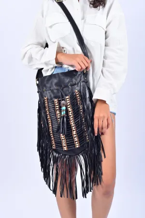 TOTAL BLACK Medium Size Boho Leather Bag with Fringes and Bone Choker.