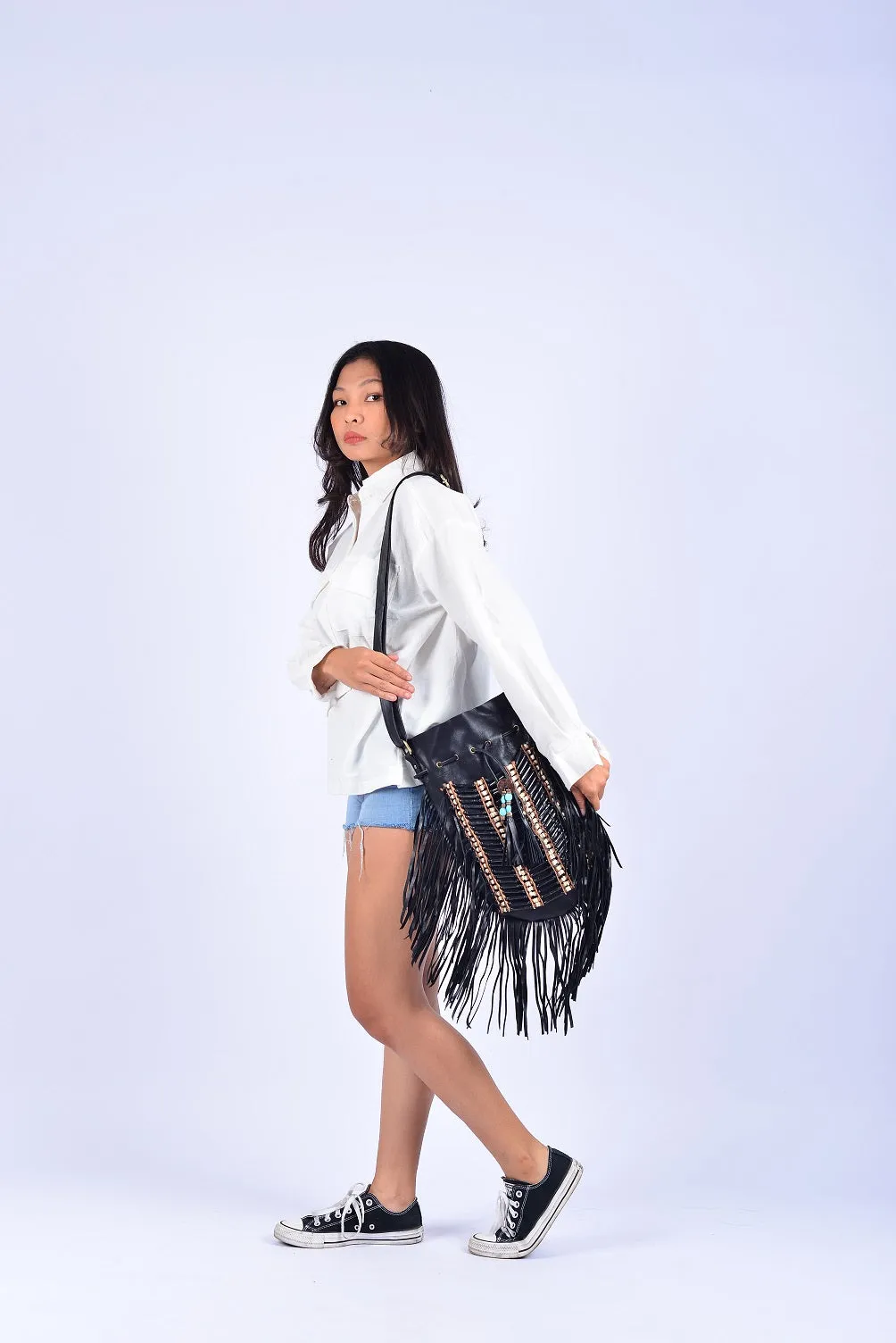 TOTAL BLACK Medium Size Boho Leather Bag with Fringes and Bone Choker.