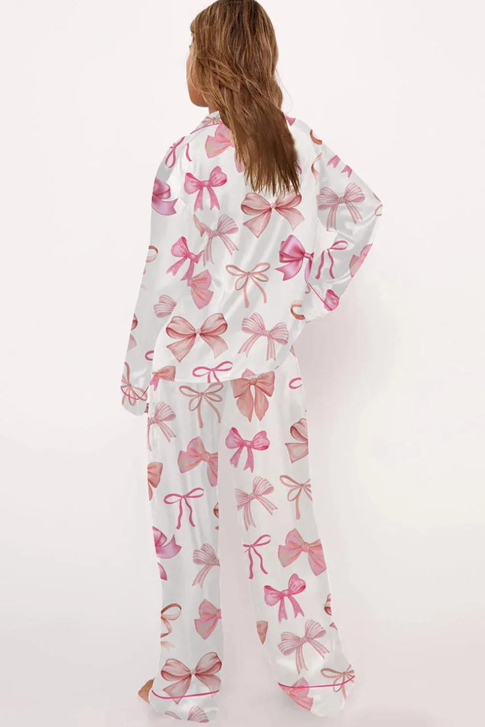 White Allover Bow Print Long Sleeve Pajama Set